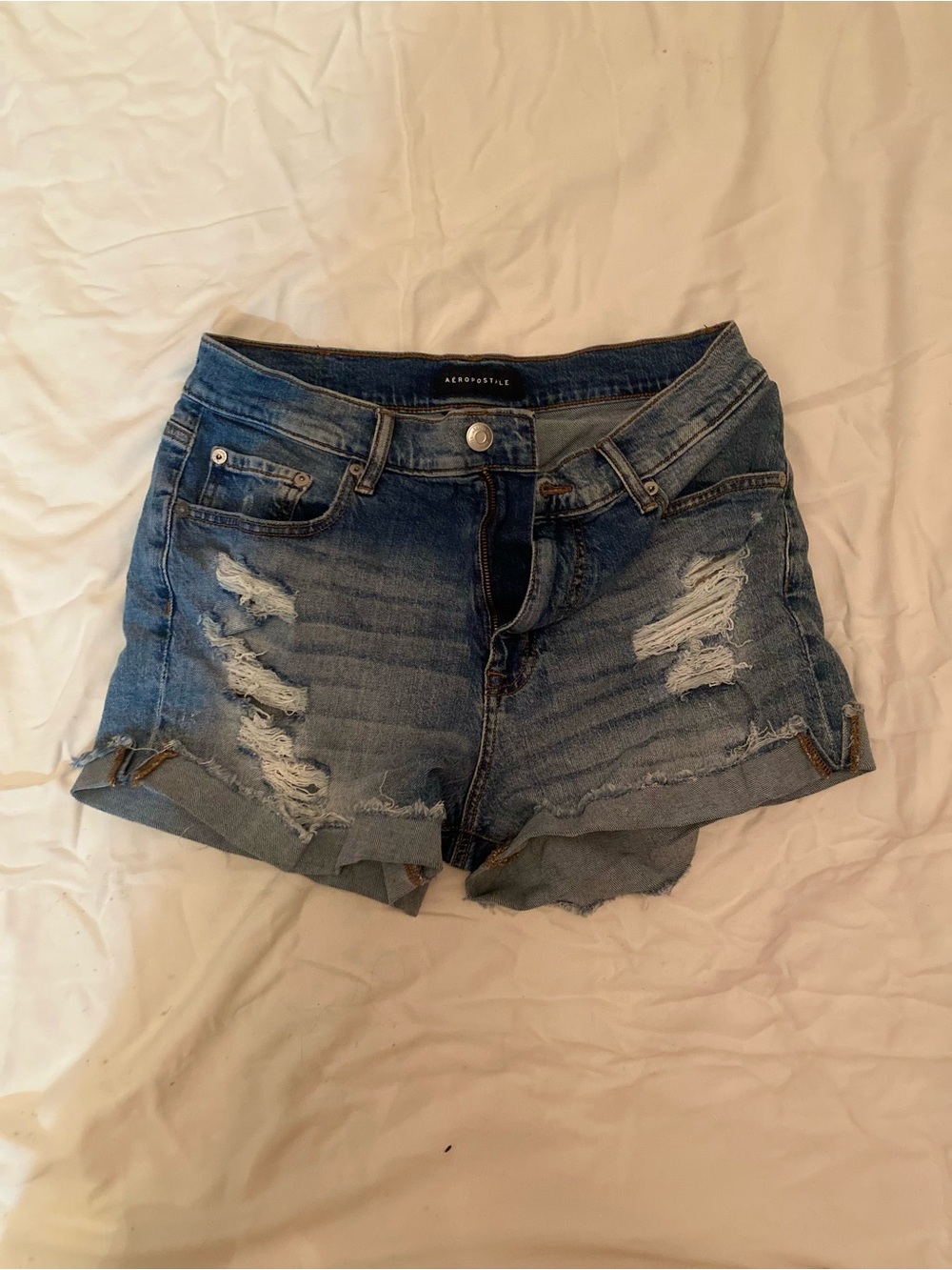Aero mom Jean  Distressed Blue Denim Shorts